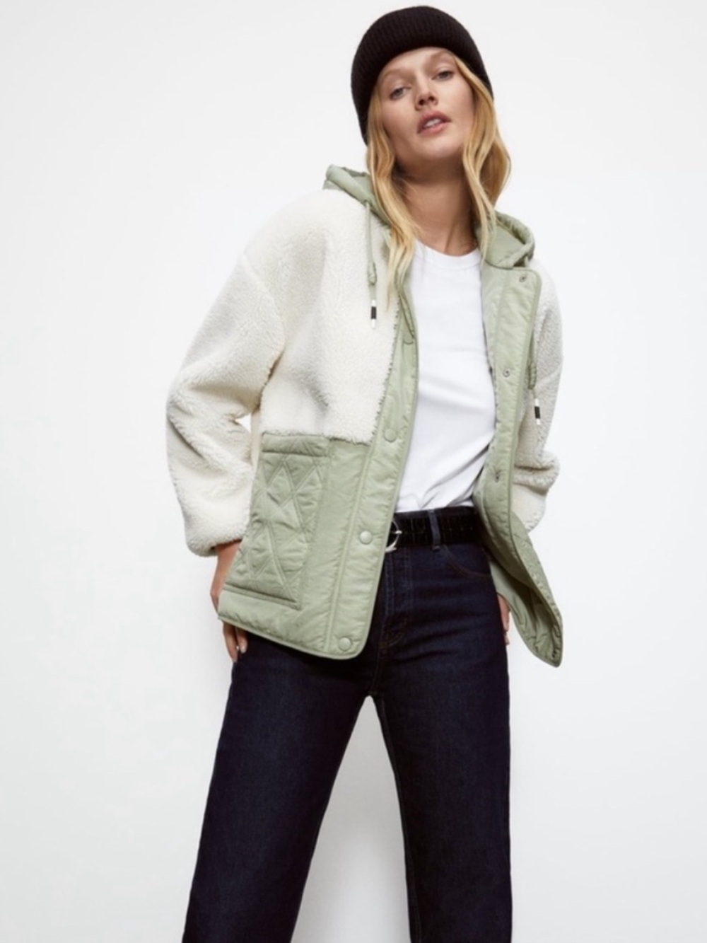 Zara Oversized Cream Sherpa & Sage Quilted Hooded Jacket
